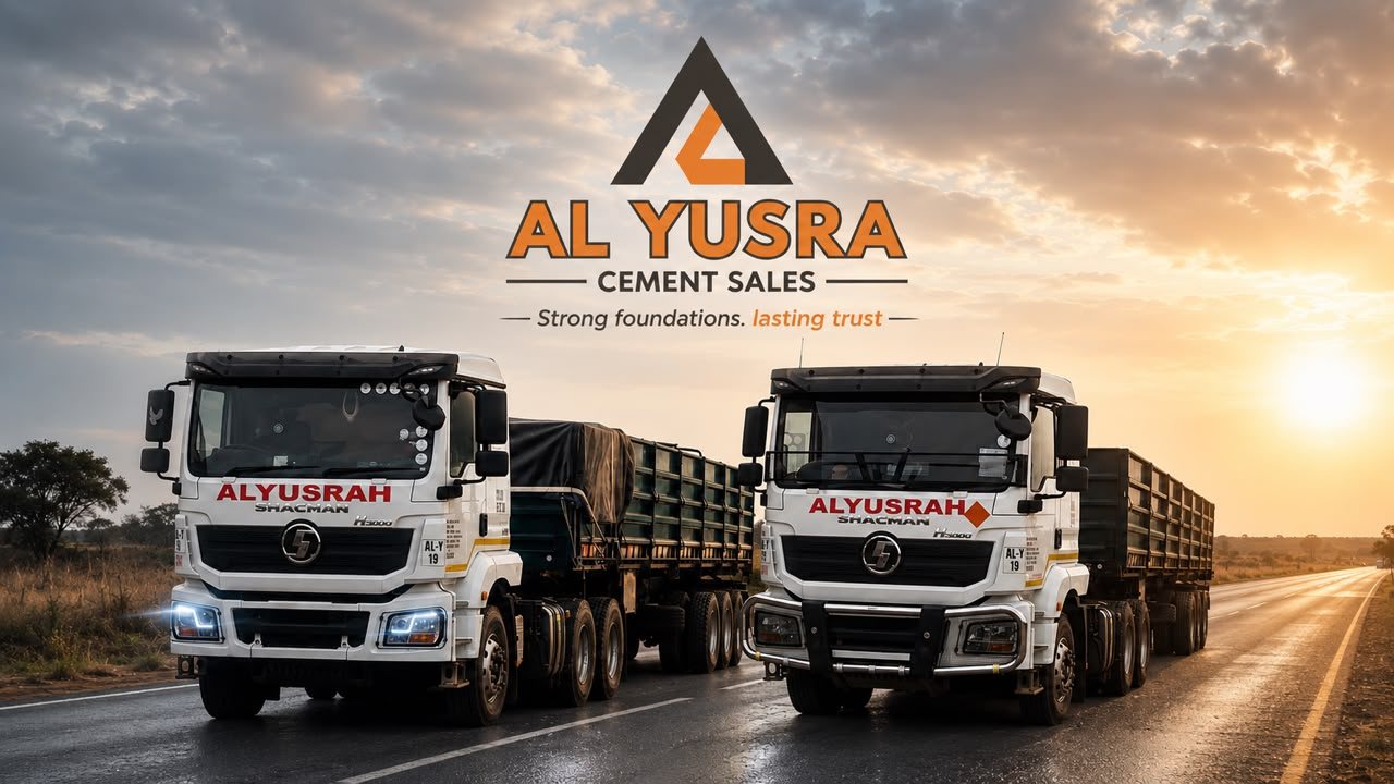 Al Yusra Cement Sales trucks on the road at sunrise