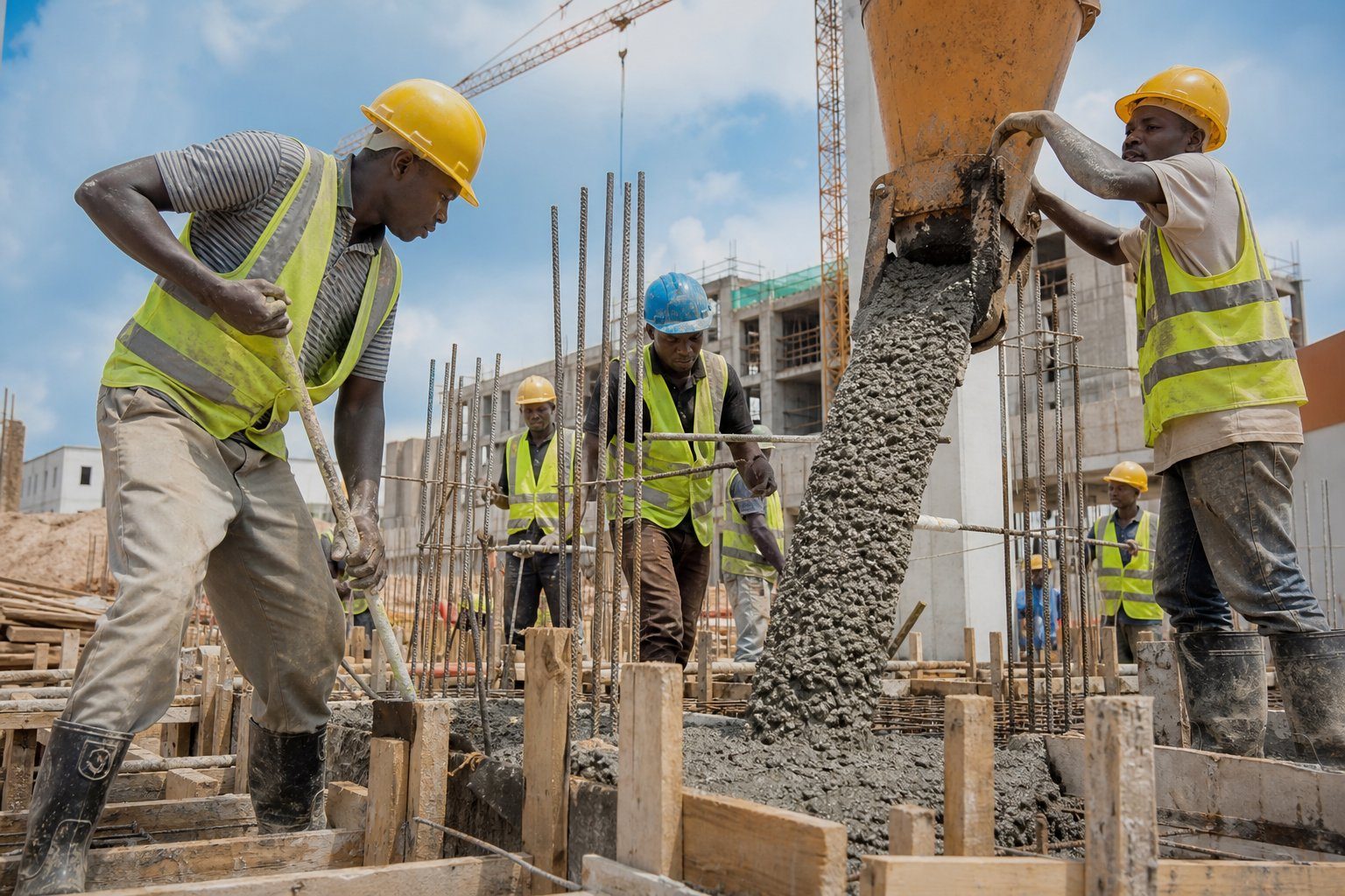 Workers pouring concrete on a Zambian construction site