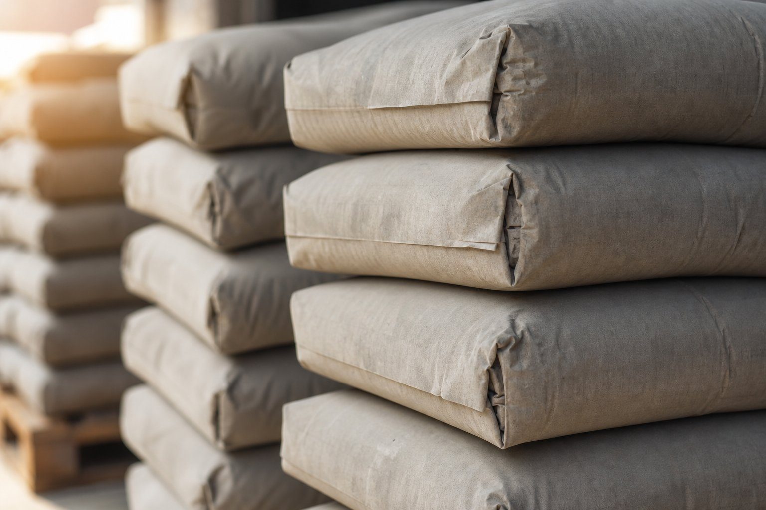 Neatly stacked cement bags in the Al Yusra Cement Sales store